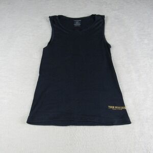 True Religion Tank Top Women's Large Navy Blue Ribbed Gold Logo Sleeveless